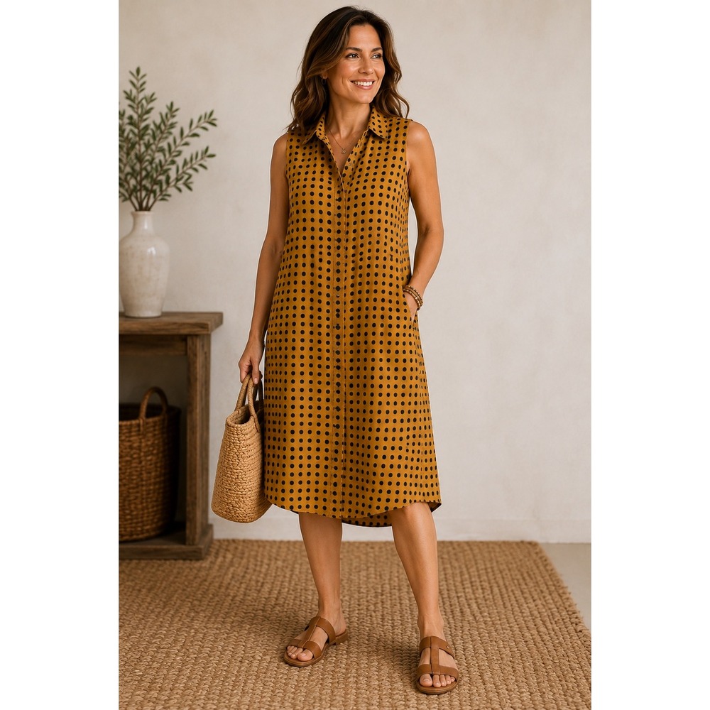 Rosemarine Made in Italy 100% Linen Polka Dot Shirt Dress L Mustard Navy